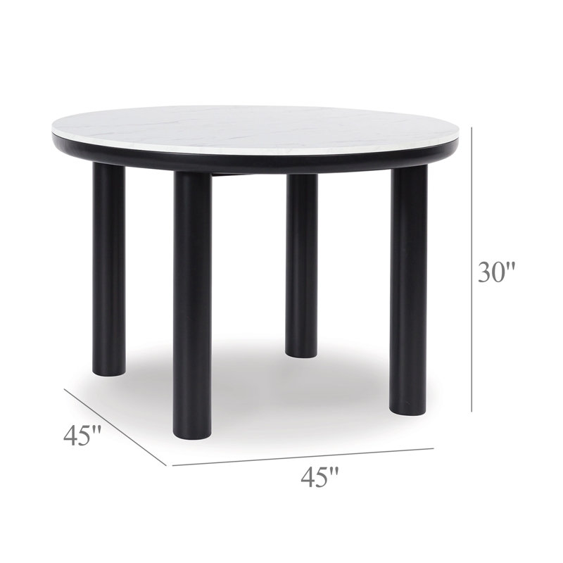 45 Inch Round White Marble Top Dining Table with Black Wood Legs