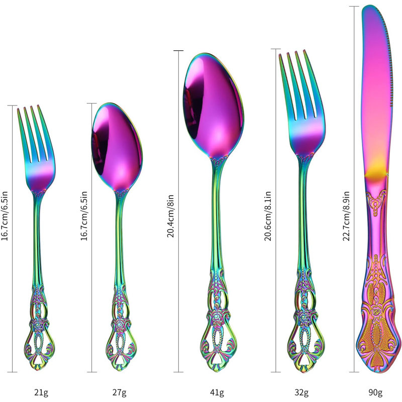 Ensemble 20 pièces d'ustensiles de couverts en acier inoxydable antirouille noir 20 pièces, Arc-en-ciel