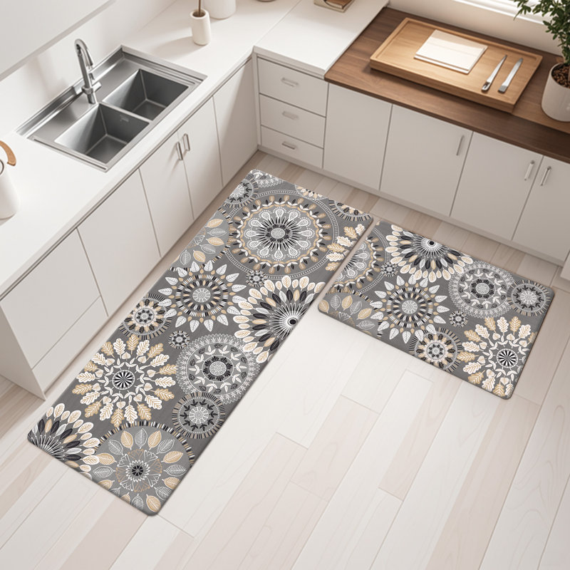 Jalissia Anti-Fatigue Non-Skid Kitchen Mat, Gray/Beige/Black/Tan, Runner 18" x 30" + 18" x 48"
