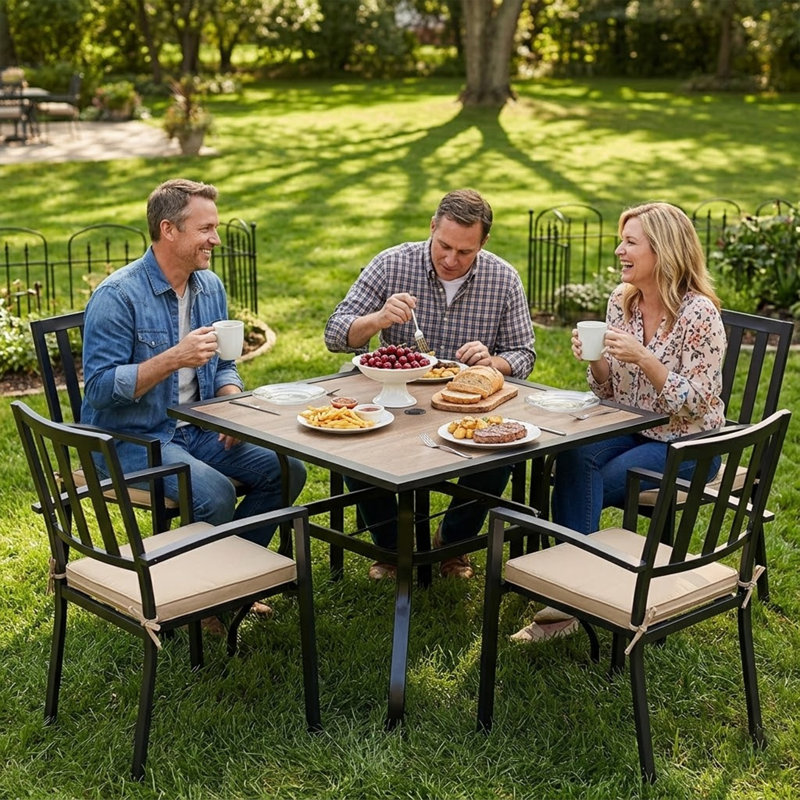 Kozyard 37" Square Outdoor Dining Table for 4, Patio Table with Umbrella Hole, Heavy Duty Steel Frame & Wood-Look Top, Weather Resistant Patio Table for Backyard, Balcony, Garden Brown