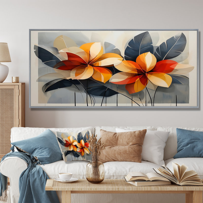 Chuk Summer Hibisuc In A Geometric Symphony I - art mural hibiscus, Argent argent, H 28 po x l 60 po