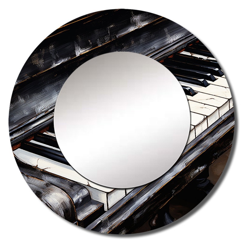 Noir et blanc touches de piano à la sérénité IV - grand miroir de piano, décor de miroir mural rond gris unique, art imprimé en métal