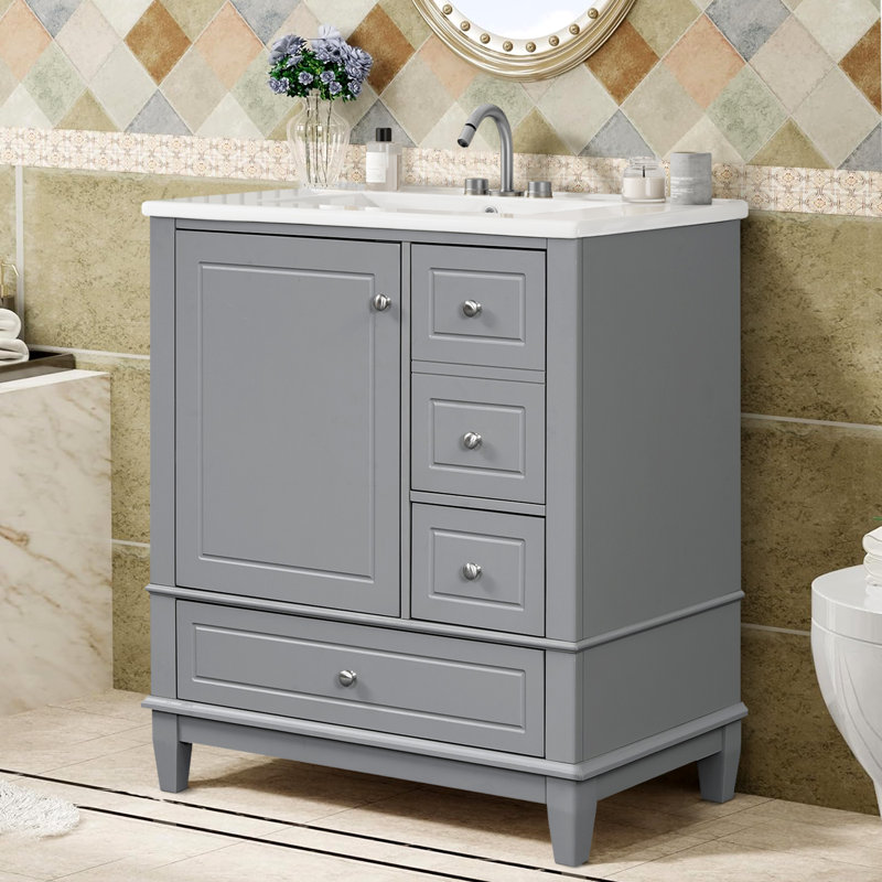 Armoire de meuble-lavabo 30 "avec lavabo en céramique, Gris, Argent argent