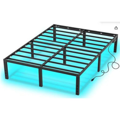 Queen Size Metal Platform Bed Foundation Base with Legs + LED Rails w/ Remote + USB & Power Outlet, Black
