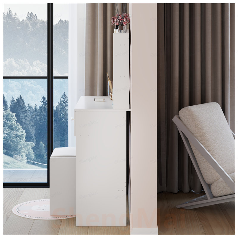 Table de coiffeuse ronde à miroir DEL avec tabouret à coussin souple, interrupteur tactile, luminosité réglable et rangement multicouche pour les petits espaces