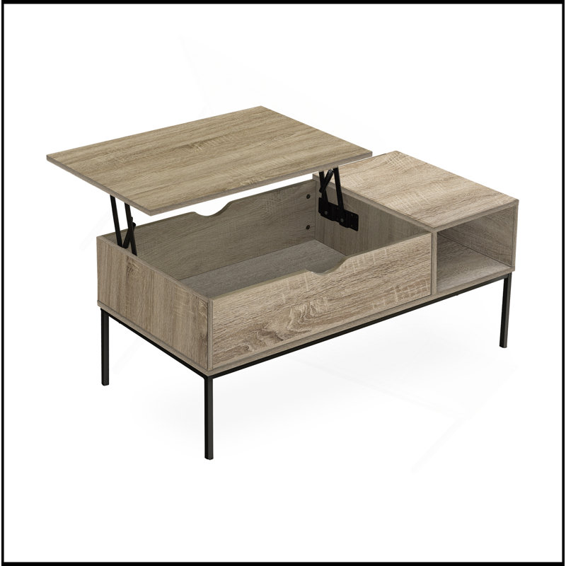 Table basse à plateau relevable moderne avec rangement et tablette ouverte, idéale pour les espaces de vie contemporains