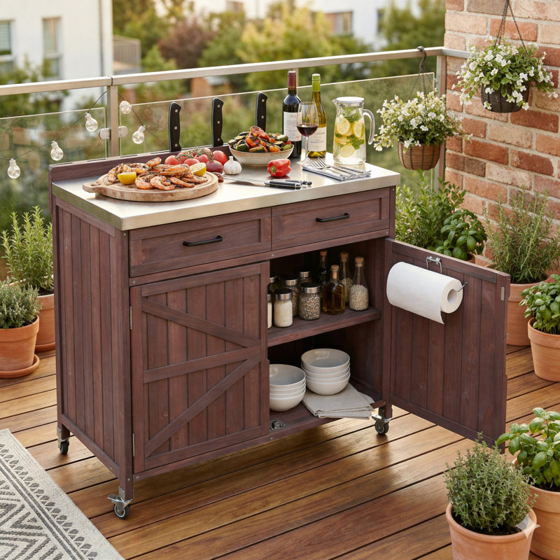 39.5-Inch Outdoor Kitchen Island, Stainless Steel Countertop, Large Drawers, Adjustable Shelves, 4 Wheels, Suitable For Pizza Making, Dark Brown