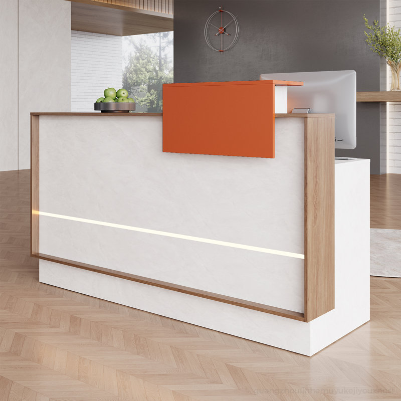 Bureau de réception double moderne avec éclairage ambiant à DEL - placage blanc et chêne avec accents de bois chaleureux
