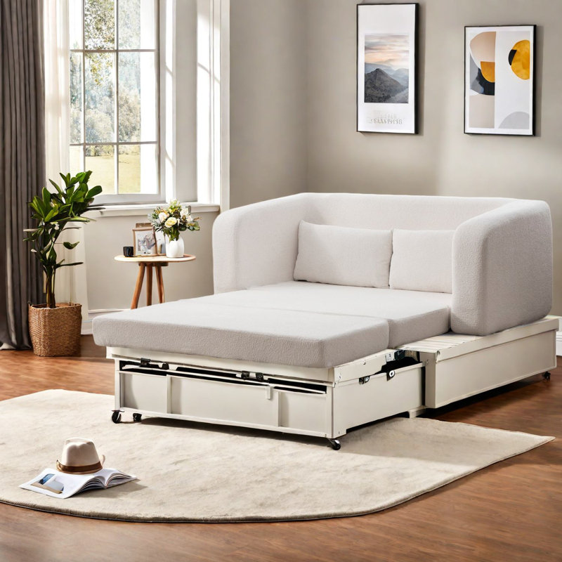 Modern Ivory Chenille Sofas Set, Multifunctional Convertible For Home