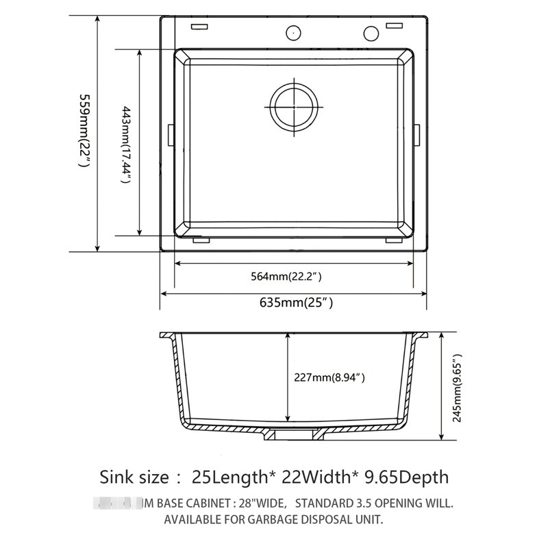 Évier de cuisine 25 "X 22" en quartz noir, résistant aux égratignures et durable 25 X 22 "avec crépines