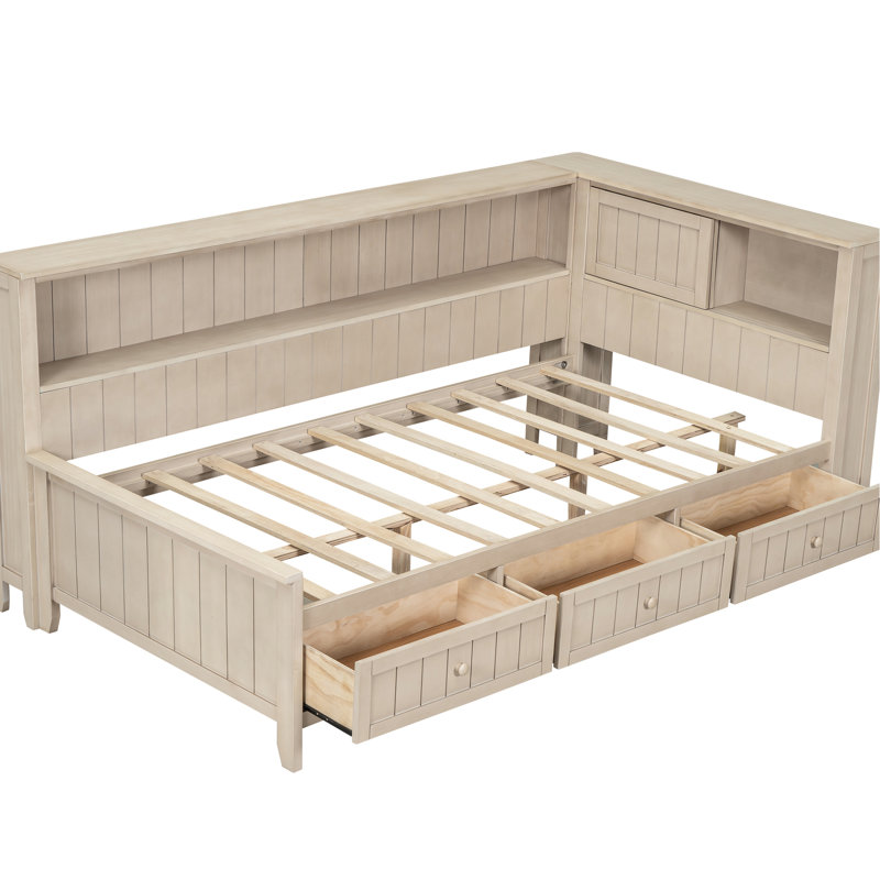 Lit de jour simple en bois avec espace de rangement, 3 tiroirs, blanc antique, solide, sans sommier blanc, bois massif, nécessaire
