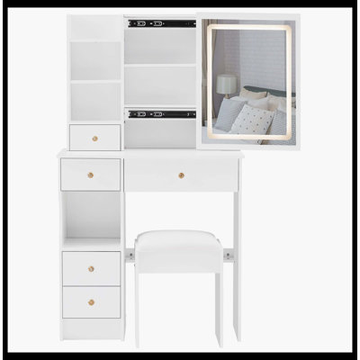 29.2" Small Size Left Drawer Desktop Vanity Table + Cushioned Stool, Large Sliding, Touch Control, Tri-Color Switching, Brightness Adjust LED Mirror, High Capacity Storage, Suitable For Small Space