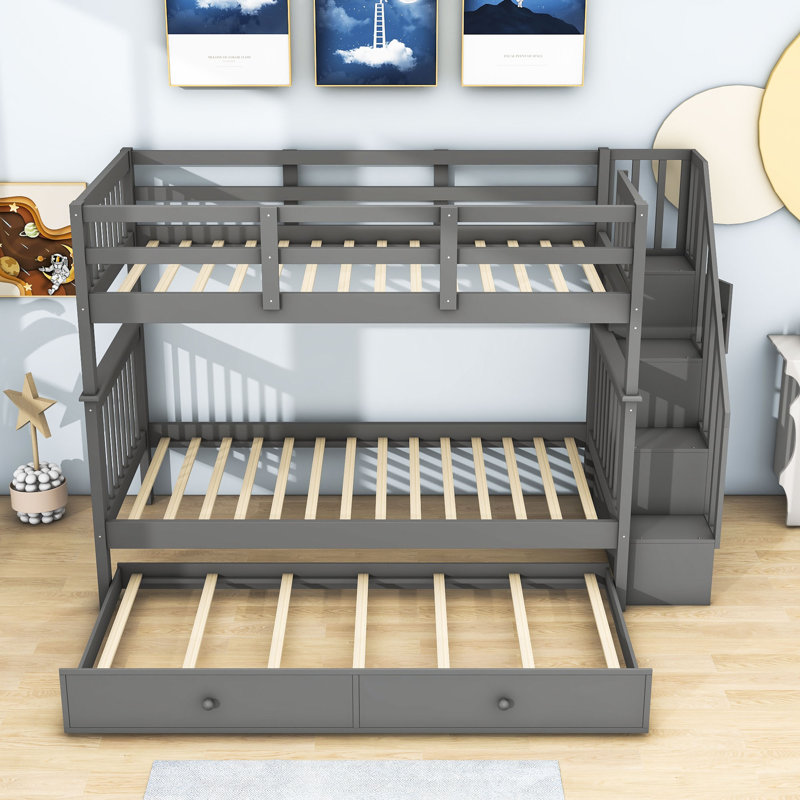 Abie Kids Twin Over Twin Bunk Bed with Trundle, Gray