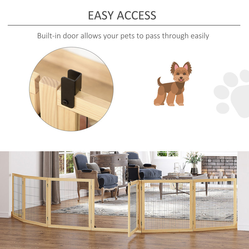Barrière pour chien en bois PawHut, barrière pour animaux autoportante 170 po, barrière de sécurité pour chien pliable à 6 panneaux avec 2 pieds de soutien pour les escaliers de porte de maison, petits et moyens chiens