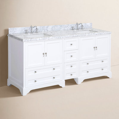 Tilford 72" Double Bathroom Vanity with White Cabinet and Carrara Marble Countertop