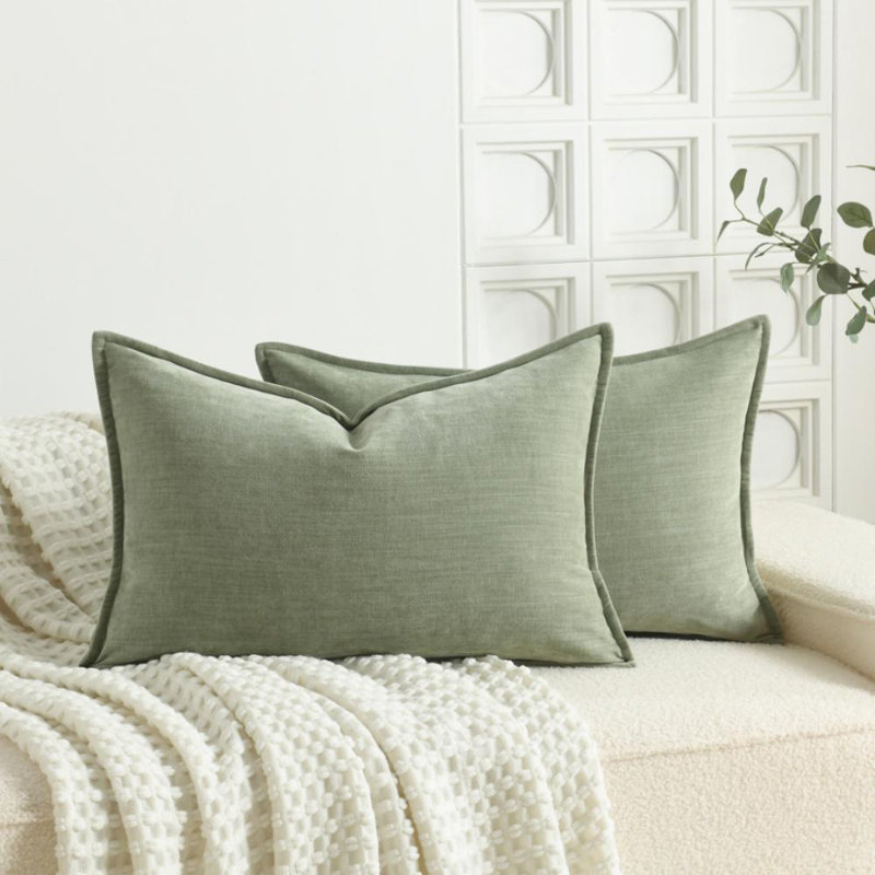 Super Soft Velvety Slub Heavy Chenille Decorative Pillow Cover with Flange (Set of 2), Sage Green, Rectangular 16"H x 24"W