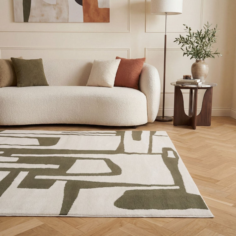 Loft Modern Abstract Living Room Area Rug and Runner Soft Pile, Green/Ivory, Rectangle 80 x 150 cm