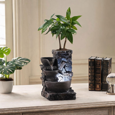 Fontaine d'intérieur pour table avec pot à fleurs, petite cascade de bureau avec lumières DEL fraîches, décor zen pour le bureau, la maison et la chambre à coucher, cadeaux de relaxation apaisants pour les amateurs de plantes
