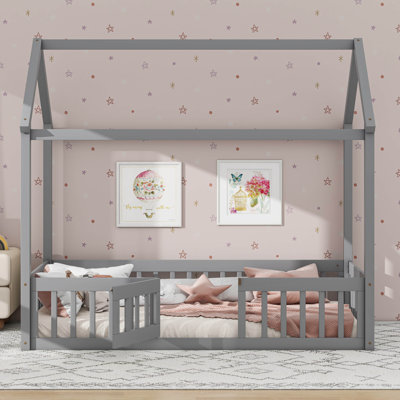 Twin Size Wood House Bed With Fence And Door