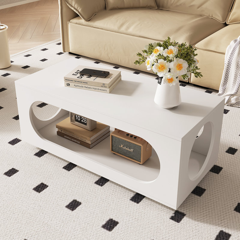 Rectangular LED Coffee Table with Cutout Side Design, White Modern Hollow Center Table with RGB Light for Living Room