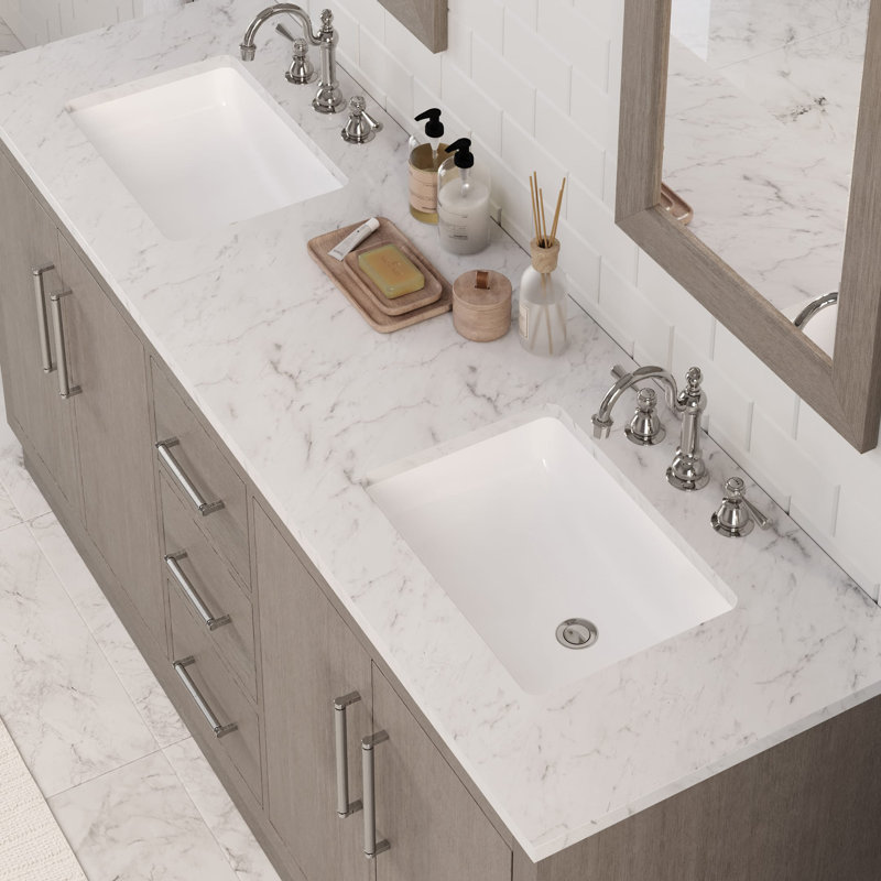 Hugo 72 In. Double Sink Carrara White Marble Countertop Vanity In Grey Oak With Gooseneck Faucets, Chrome