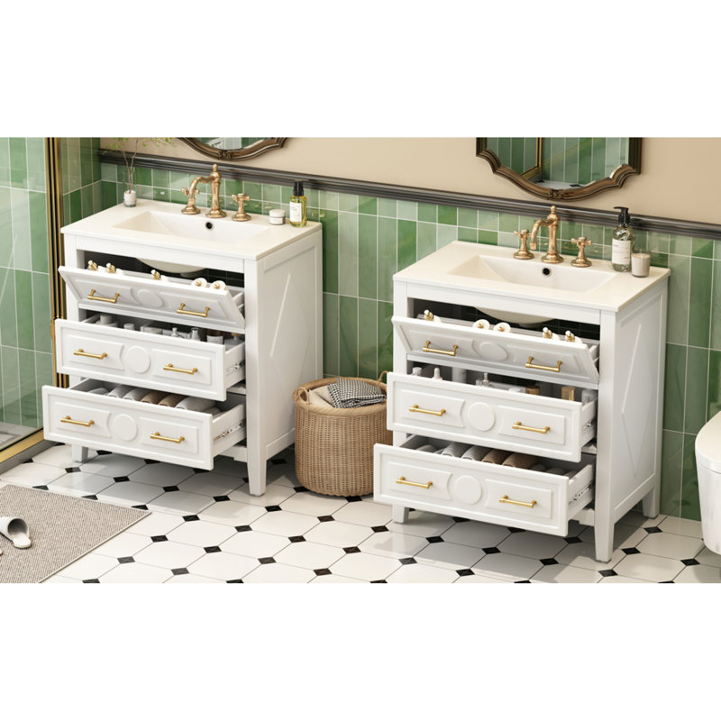 Élégant meuble-lavabo de salle de bain rétro en bois massif avec lavabo en céramique pour espaces modernes