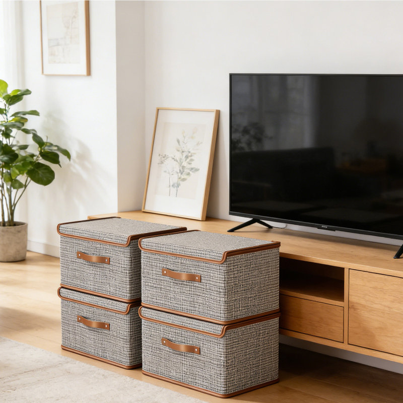 4 grands bacs de rangement avec couvercles, boîtes de rangement décoratives avec couvercle et poignées en polyuréthane, paniers de rangement pliables pour placard, tablettes, empilables, ensemble de 4