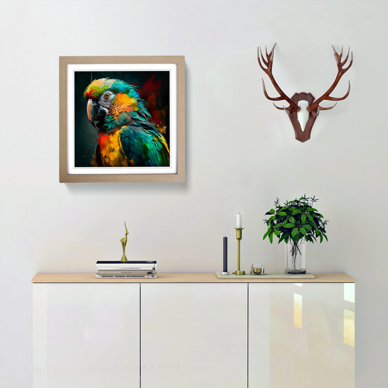 Parrot Expressionism No.1 - Single Picture Frame Print on Wood, Oak