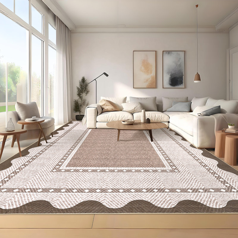 Modern Neutral Non Slip Washable Rugs, Contemporary Border Print Pattern Foldable Soft Carpet, Low Pile Floor Mat