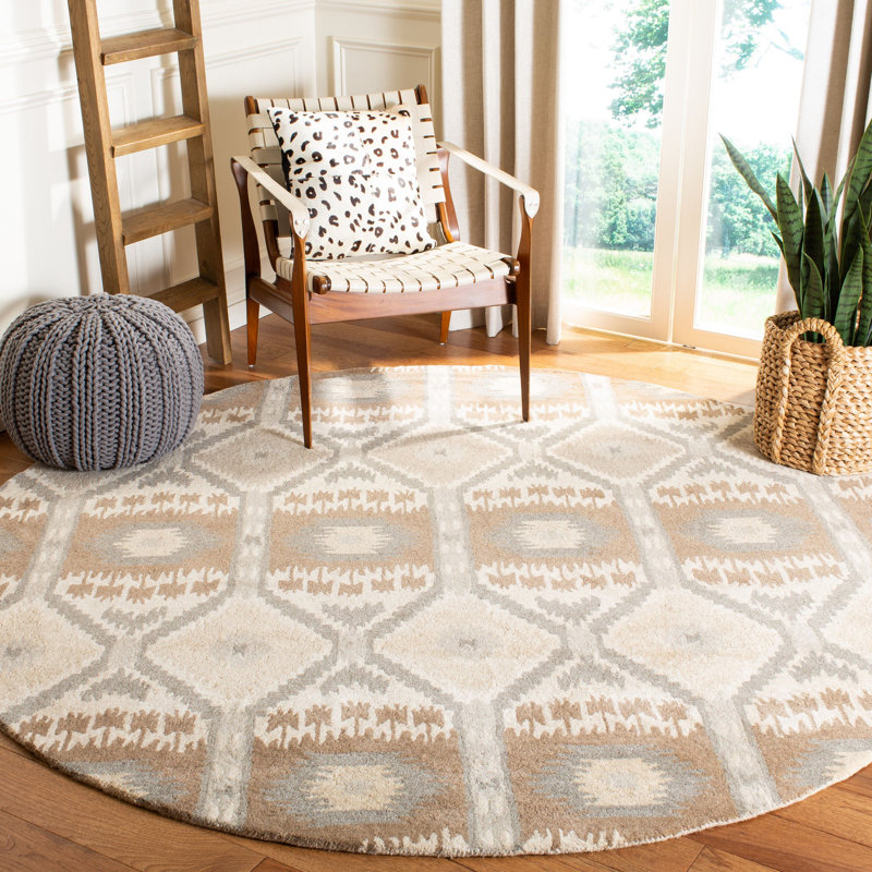 Tapis beige / gris en coton touffeté à la main Kouerga, Rond 7 pi