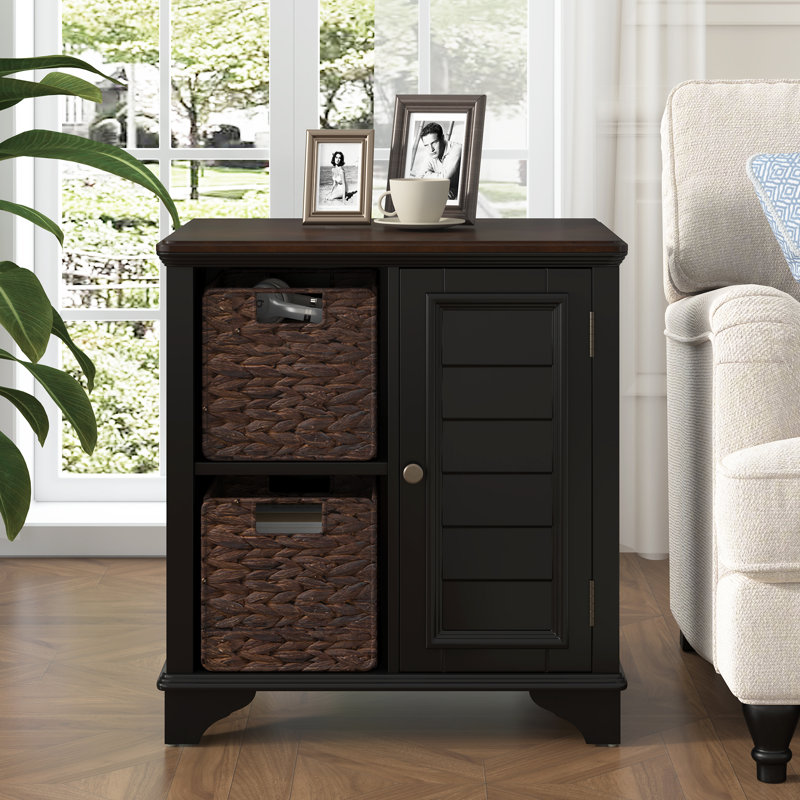 Table d'appoint Black Shutter avec 2 paniers tissés à la main, table de bout de style américain avec armoire de rangement et pieds de repose-pieds