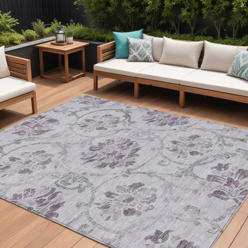 Tapis intérieur lavable floral mauve et gris 8 pi x 10 pi lavande
