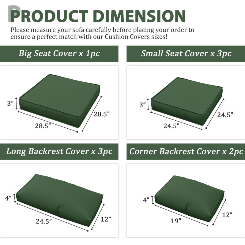 Ensemble de housse de coussin d'extérieur 9 pièces pour coussins d'extérieur et housses de patio 3 "Cartert, Vert olive
