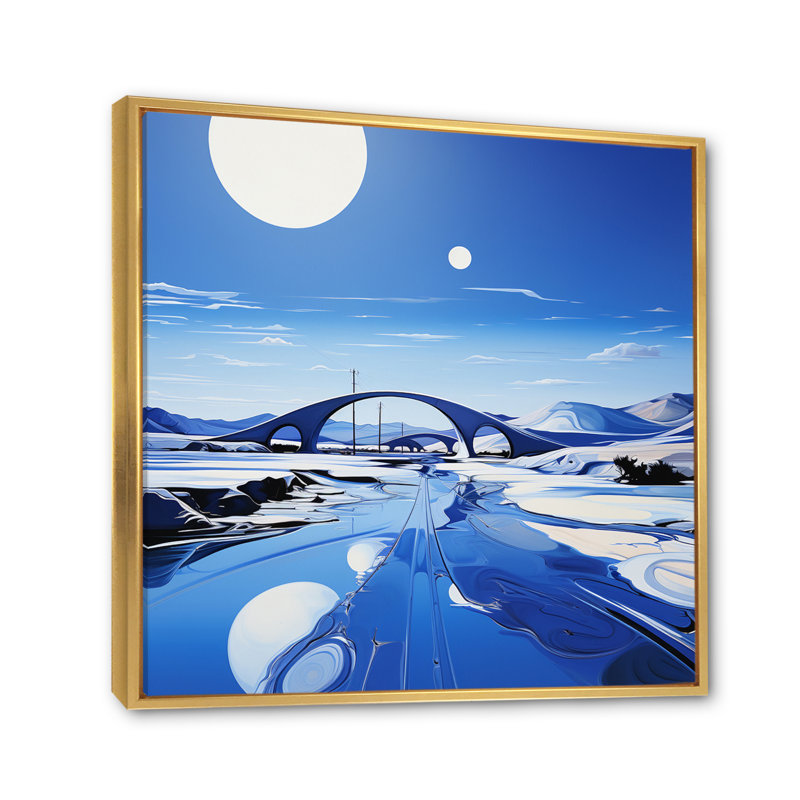 " Blue Modern Bridge Scenery II ", 24" H x 24" W x 1" D, Gold Floater Framed