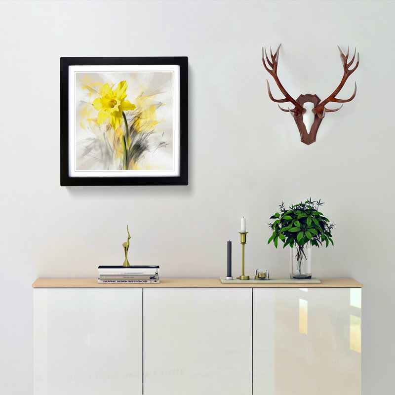 Daffodil Gestural Art - Single Picture Frame Print on Wood, Black