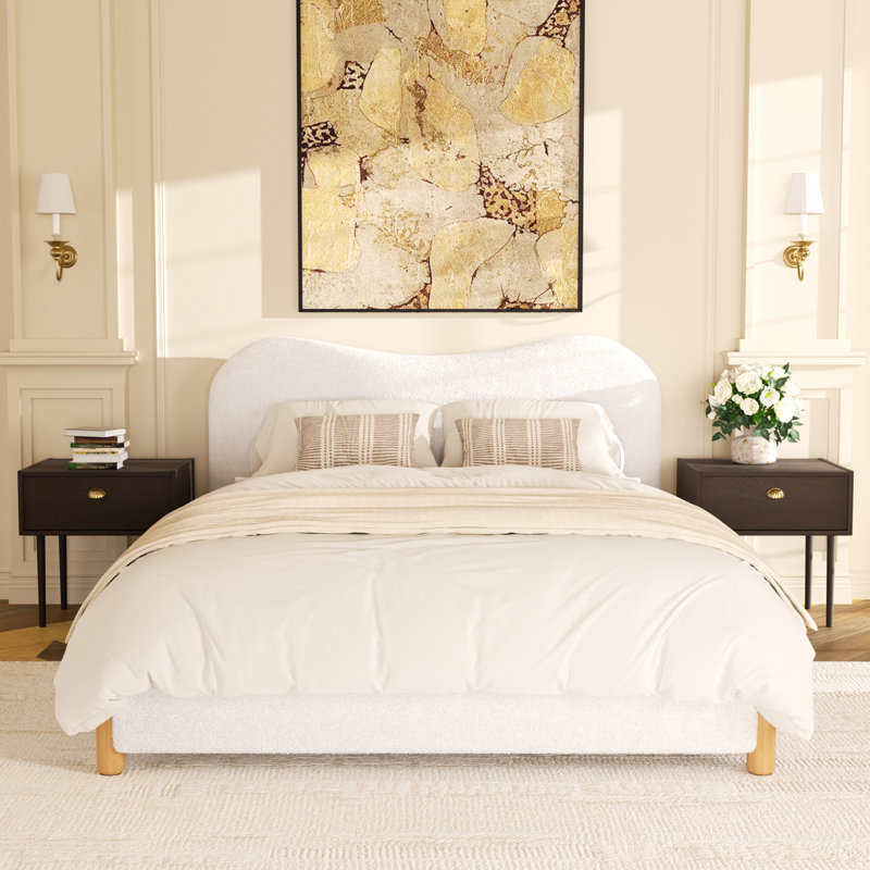 Brechtel Platform Bed Frame with Fabric Upholstered Headboard and Wooden Slats Support,No Box Spring Needed , White, Queen