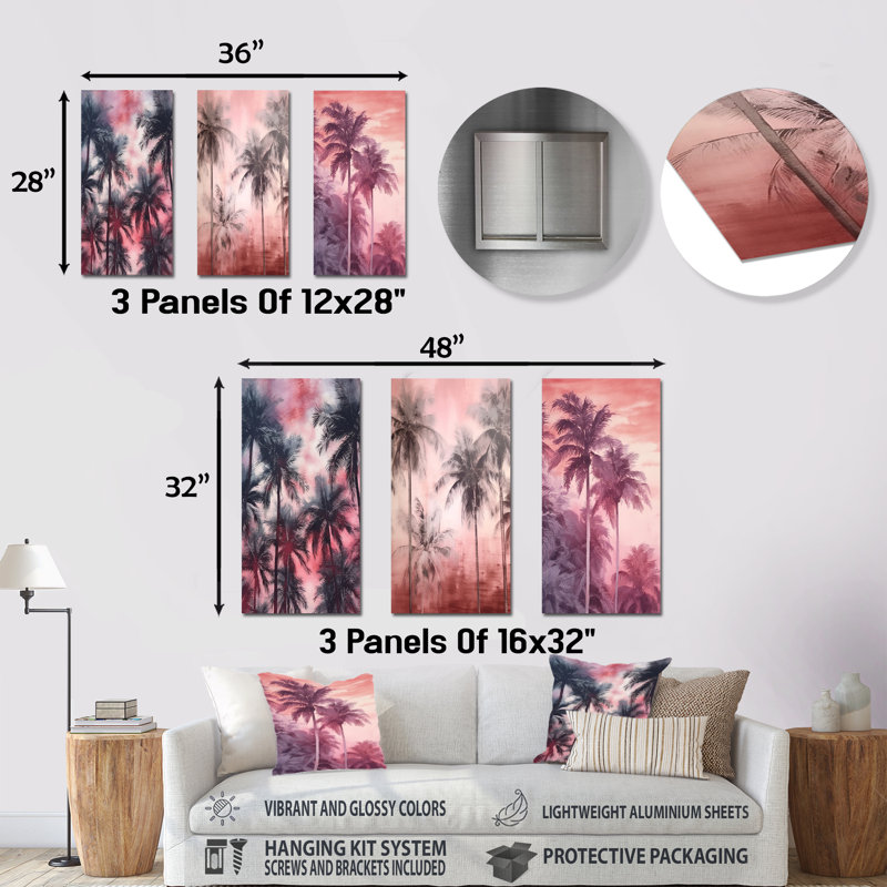 Ensemble de 3 reproductions d'art mural en métal Vintage Palm Trees Shadows - Palmiers et palmiers, H 32 po x l 48 po