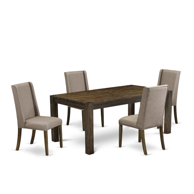 5 Piece Dining Table Set for 4 Includes a Rectangle Rustic Wood Dinner Table and 4 Dark Khaki Linen Fabric Upholstered Chairs, Jacobean