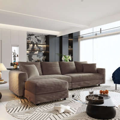 102.4" Plush Corduroy 4-Seat Sofa, Modern Comfy Cloud Couch, Deep Seat Upholstered Sofa with Soft Pillows & Movable Ottoman, Convertible Lounge Chair, Camel