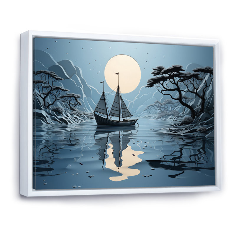 Collage de bateau bleu - impression, H 16 po x l 32 po x P 1 po, Cadre flottant blanc