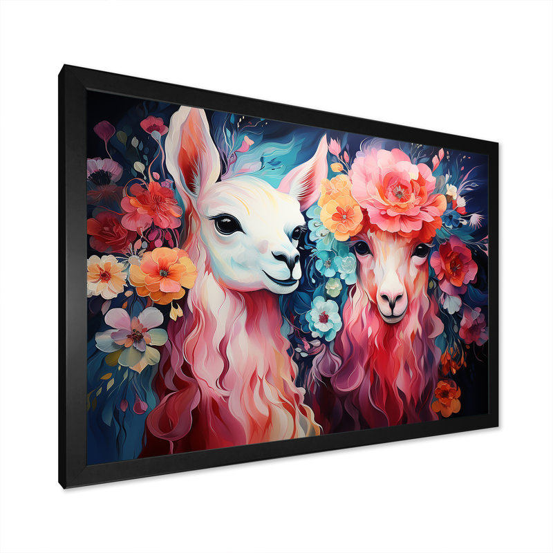«Pink Fluffy Alpacas Floral Portrait», art mural Alpaca, Cadre d'angle fermé noir, H 16 po x l 32 po x P 1 po
