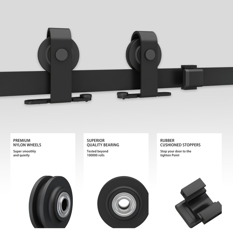 JUBEST Sliding Door Black Track Kit, Top Mounted Roller Hanger(DOOR NOT INCLUDED), 90 in.