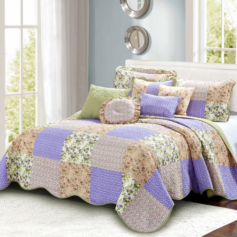 8 Piece Patchwork Bedspread Set, Queen Quilt + 4 Shams + 3 Throw Pillows, Pink