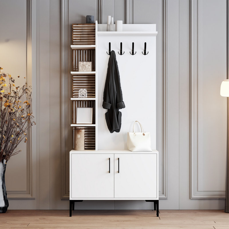 Meuble de couloir moderne avec pieds et poignées en métal, blanc, 35,4 x 78,7 x 13,8 pouces | 100% panneau de particules enduit de mélamine, 0,7 po d'épaisseur | Fixation murale, nombreuses tablettes, solution de rangement élégante pour le vestibule