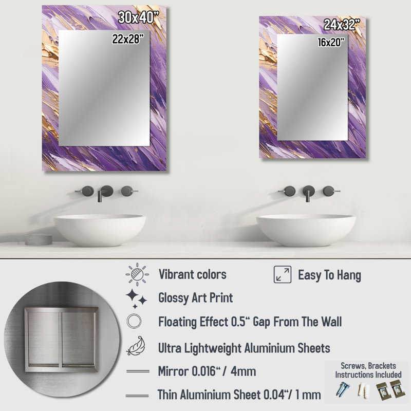Purple and Gold Dynamic Abstractions II - Abstract Decorative Mirror On Metal, 32 po x 24 po