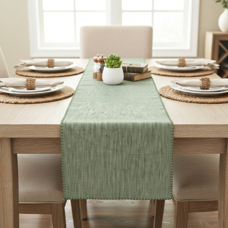 Chemin de table en coton avec bords cousus décoratifs, écharpe de commode, couvercle supérieur de meuble, L 90 po, Vert