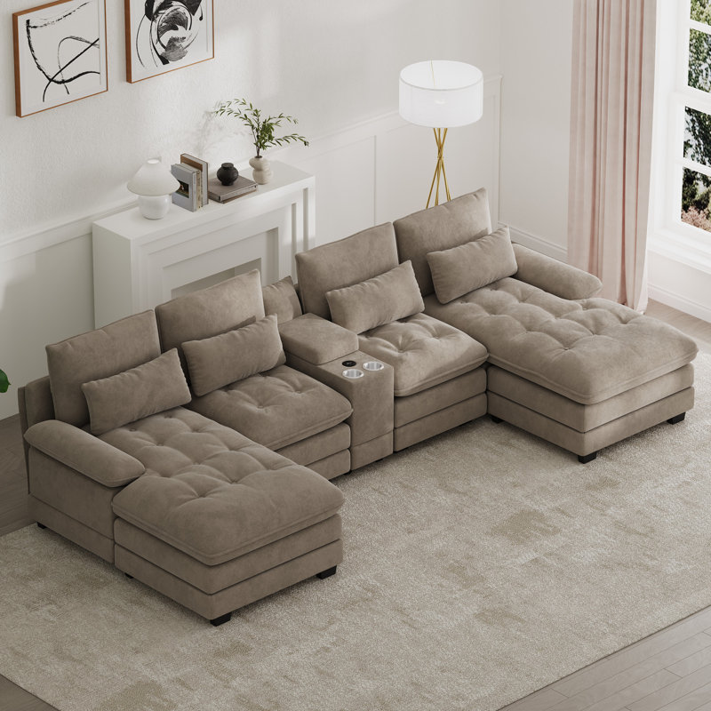 Oversized 130"W 4 Piece U-Shape Sectional With Console & Cup Holders, Light Brown