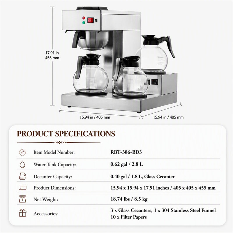Cafetière filtre professionnelle 12 tasses avec chauffe-eau triple et remplissage automatique d'eau