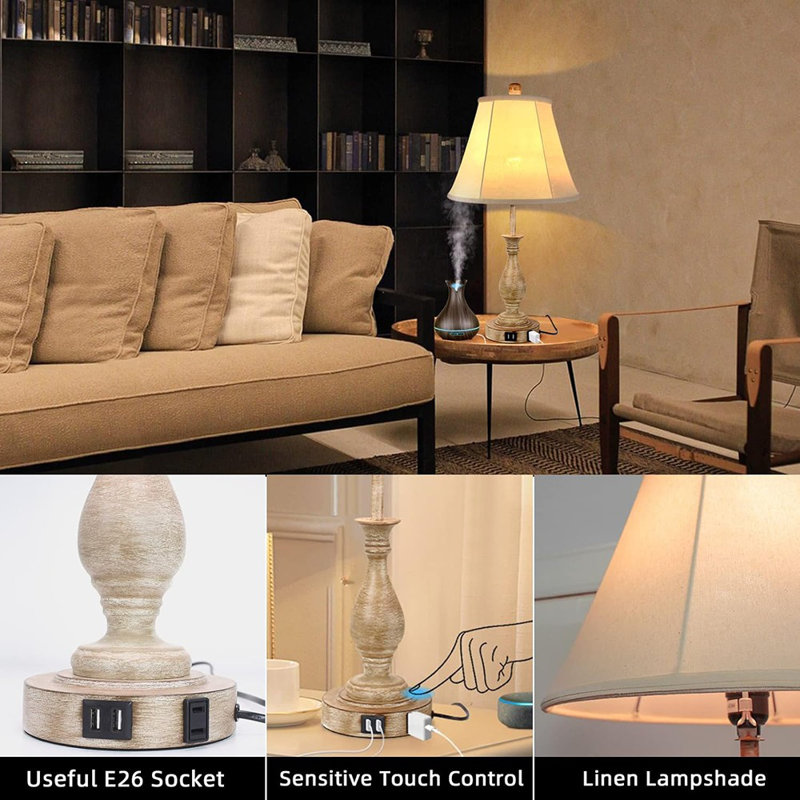 Lampe de table 3 lumières à commande tactile, lampe de table moderne avec table de chevet avec 2 ports USB et abat-jour en tissu pour salon et chambre à coucher (Pack 1 - abat-jour beige)