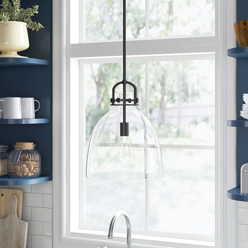 Luminaire suspendu Borgen à intensité variable avec abat-jour en verre bullé, Noir mat, H 17 po x l 14 po x P 14 po, Led